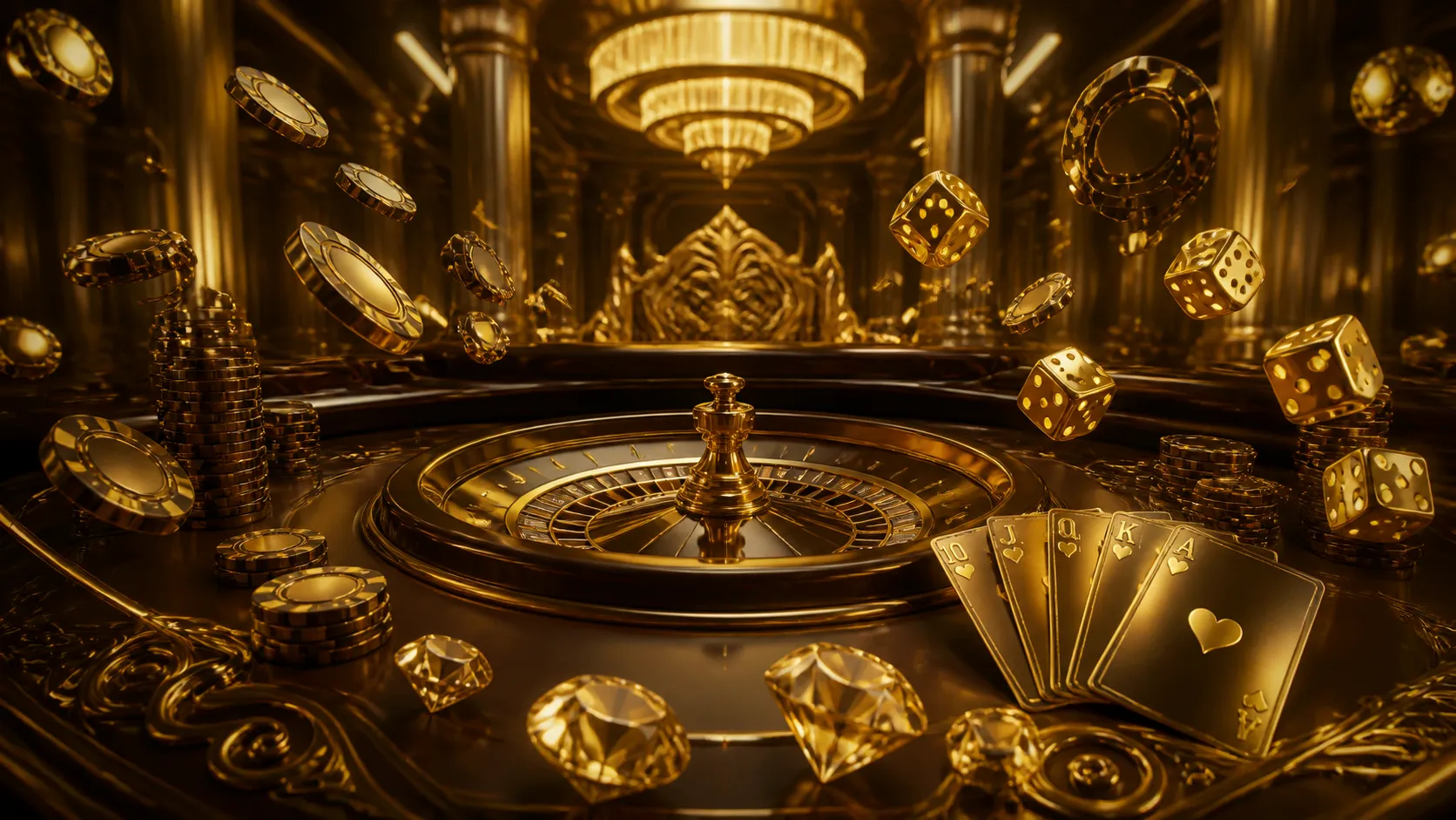 Luxurious casino-themed image with glossy 3D elements, featuring poker chips and a roulette wheel in a futuristic holographic